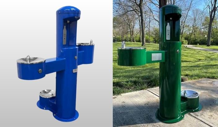Outdoor drinking fountain with bottle filler for parks and outdoor areas