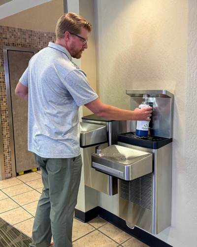 Countactless drinking water fountain with bottle filler HAWS wall mounted unit for commercial use